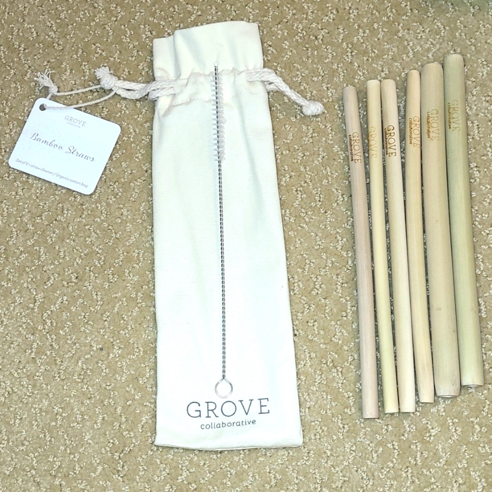 Grove Collaborative Set of Six Bamboo Straws of Various Sizes and Cleaning Brush